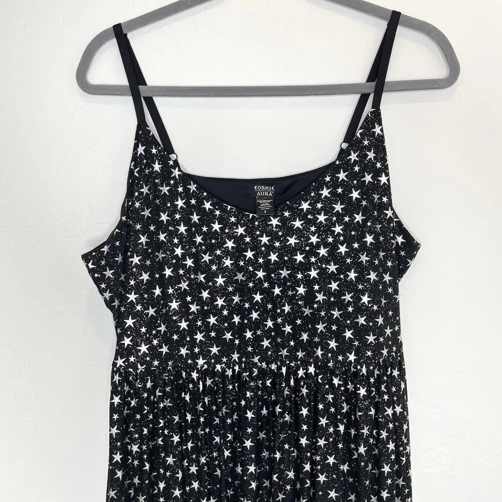 Cosmic Aura Star Silver Foil Mesh Tiered Maxi Dress Womens Plus 4X Whimsigoth 4 - Picture 3 of 11